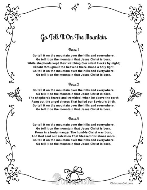 Find the lyrics to the African-American spiritual song Go Tell It on the Mountain, which celebrates the birth of Jesus. Learn about the history and facts of this carol, and see who has recorded it. 